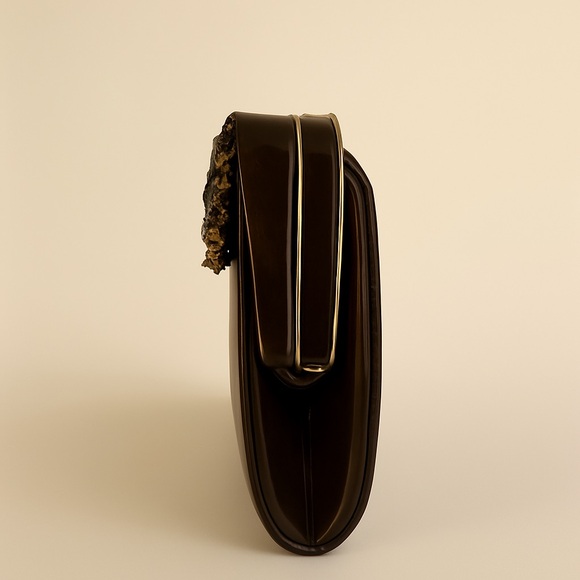 1960s Vintage Brown Patent Leather Clutch with Ribbon & Floral Appliqué